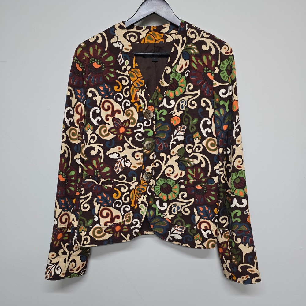 Lafayette 148 Floral Blazer Womens 8 Brown Psychedelic Cotton Linen Boho Retro